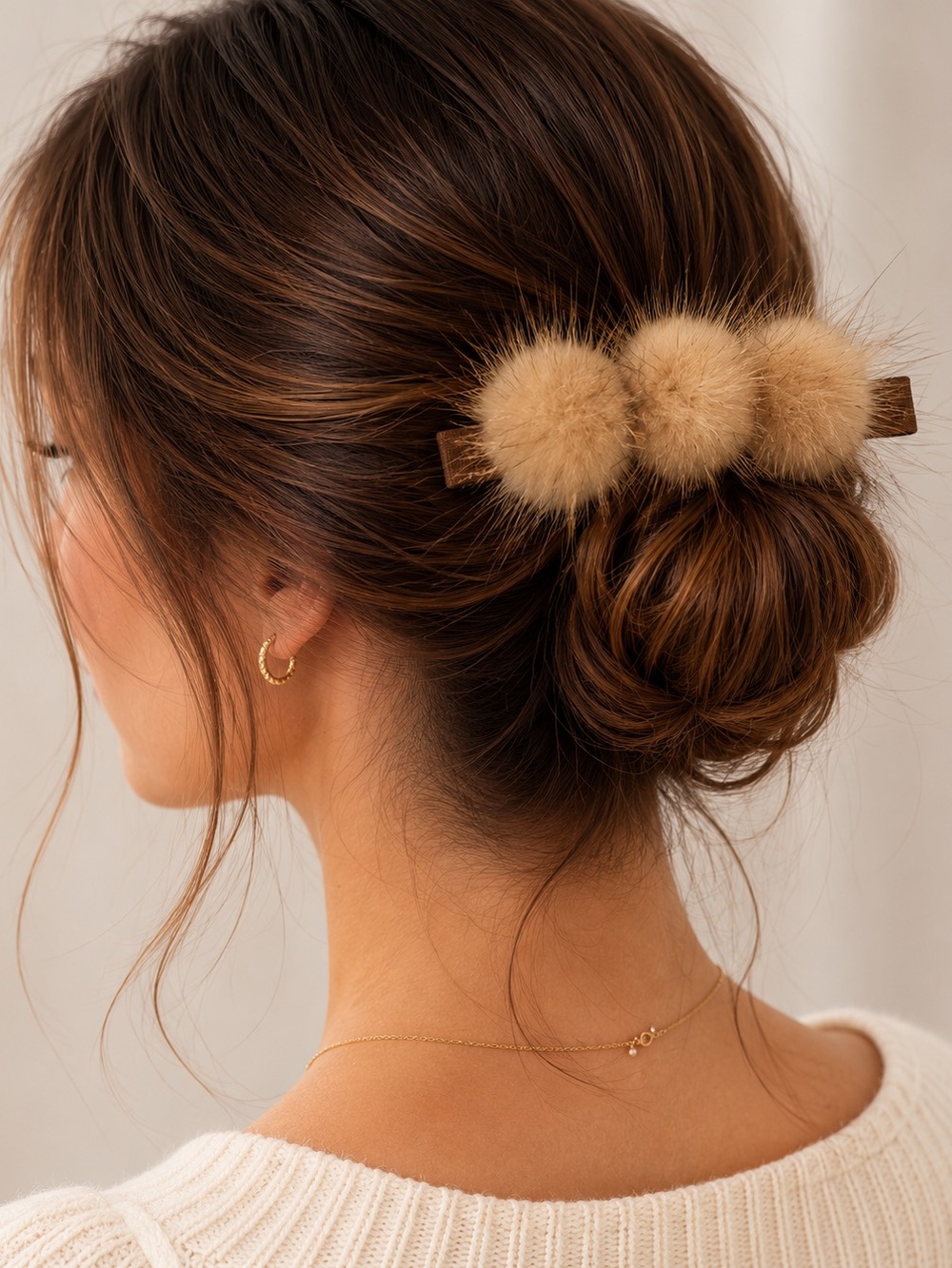 Mink Brown Triple Faux Fur Pom Pom Alligator Hair Clip – 3” Hair Access